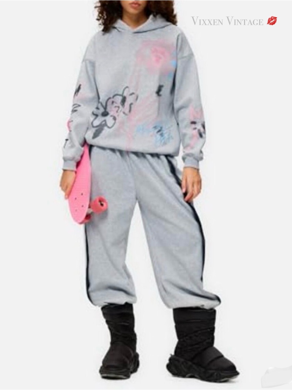 AELFRIC EDEN UNISEX BLACK CAT 'CARTOON GRAFFITI OVERSIZED HOODIE' IN GREY